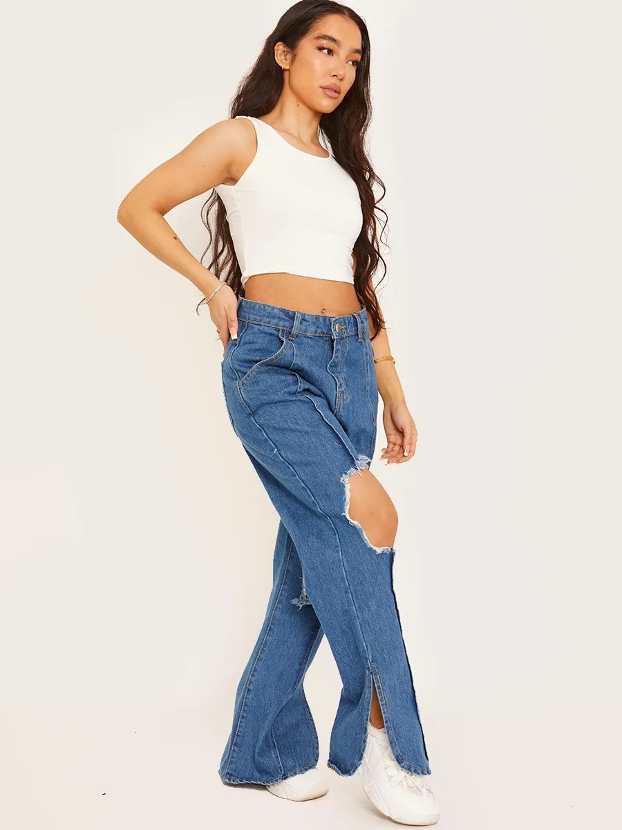 Lauren Ripped Knee Split Flapper Jeans In Blue