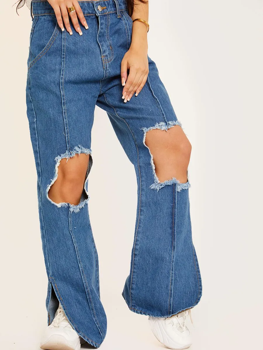 Lauren Ripped Knee Split Flapper Jeans In Blue