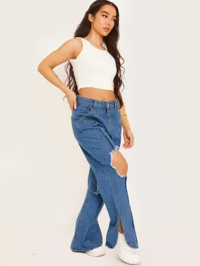 Lauren Ripped Knee Split Flapper Jeans In Blue