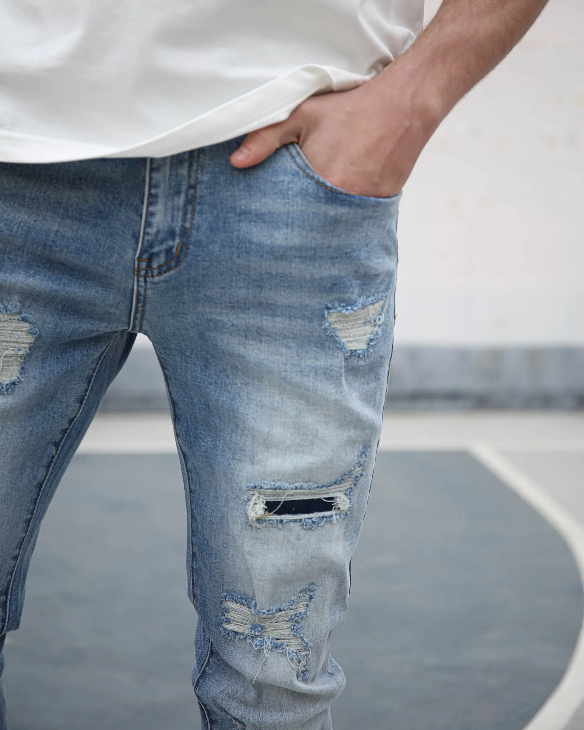 Light Wash Blue Ripped Jeans with Irregular Ripped-Mexico Local Delivery