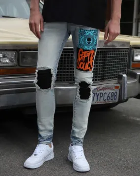 Light Wash Slim Fit Blue Jeans with Graffiti Patch-Mexico Local Delivery