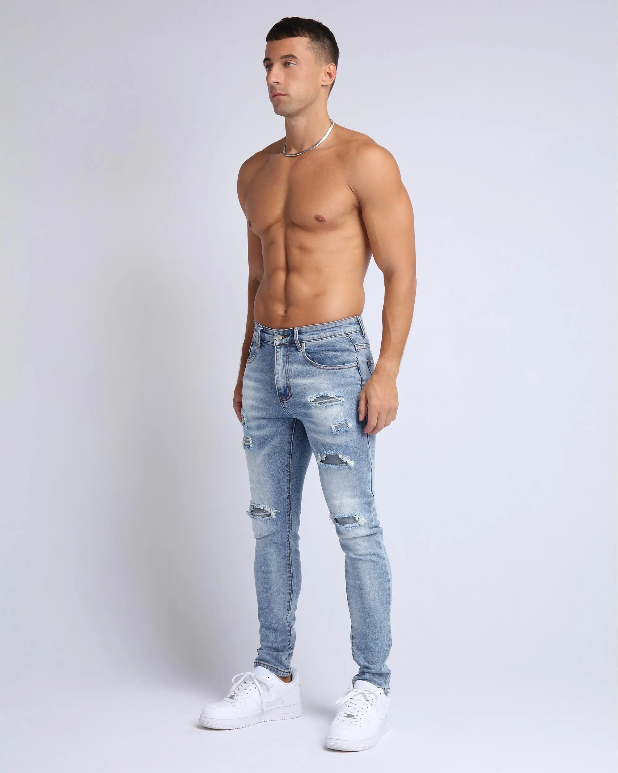 Light Wash Slim Fit Ripped Blue Jeans-Mexico Local Delivery