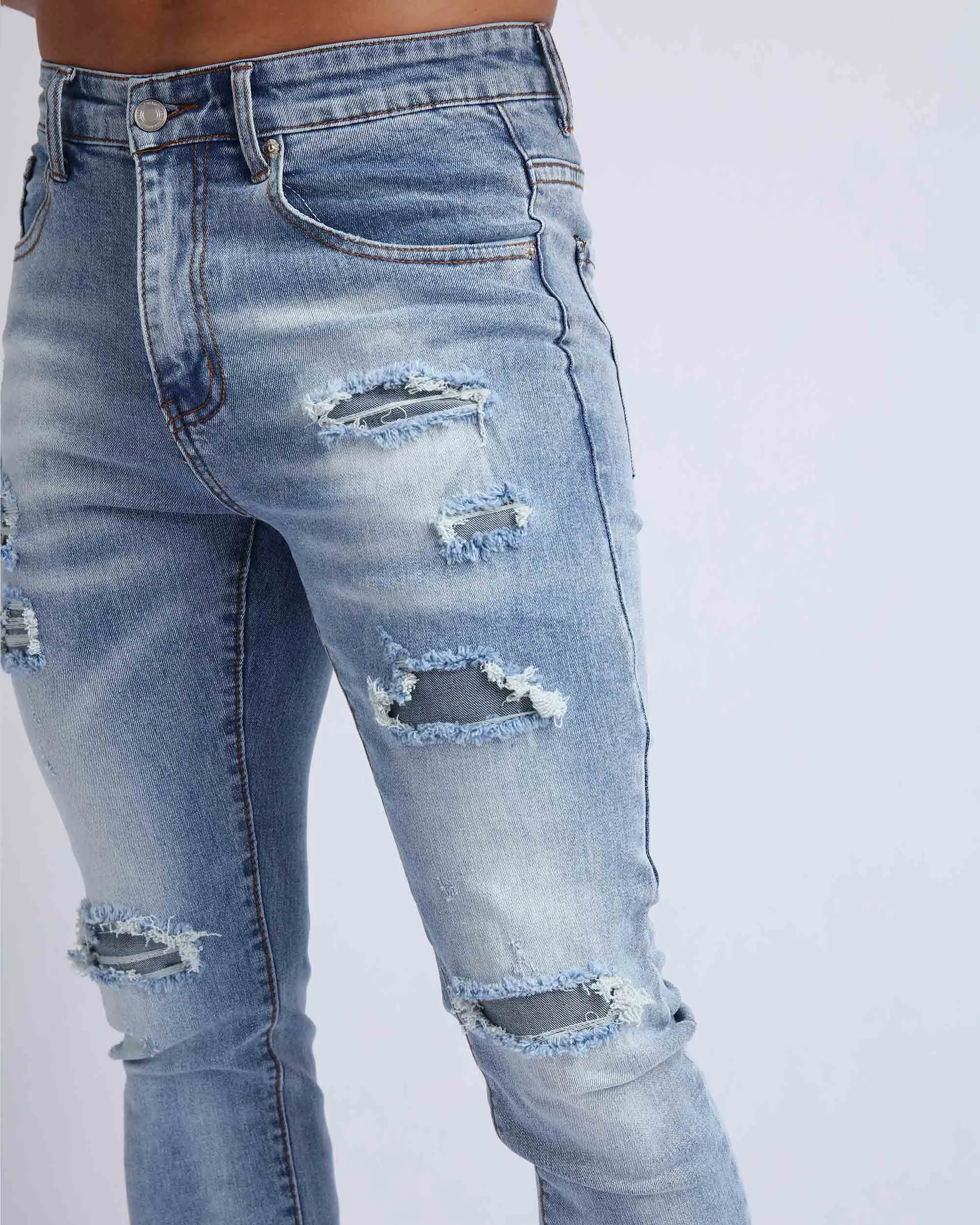 Light Wash Slim Fit Ripped Blue Jeans-Mexico Local Delivery