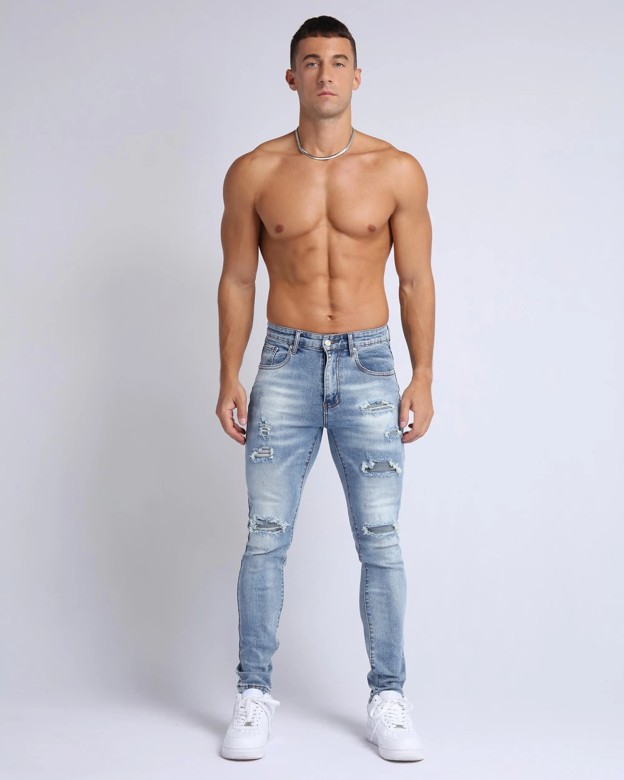 Light Wash Slim Fit Ripped Blue Jeans-Mexico Local Delivery