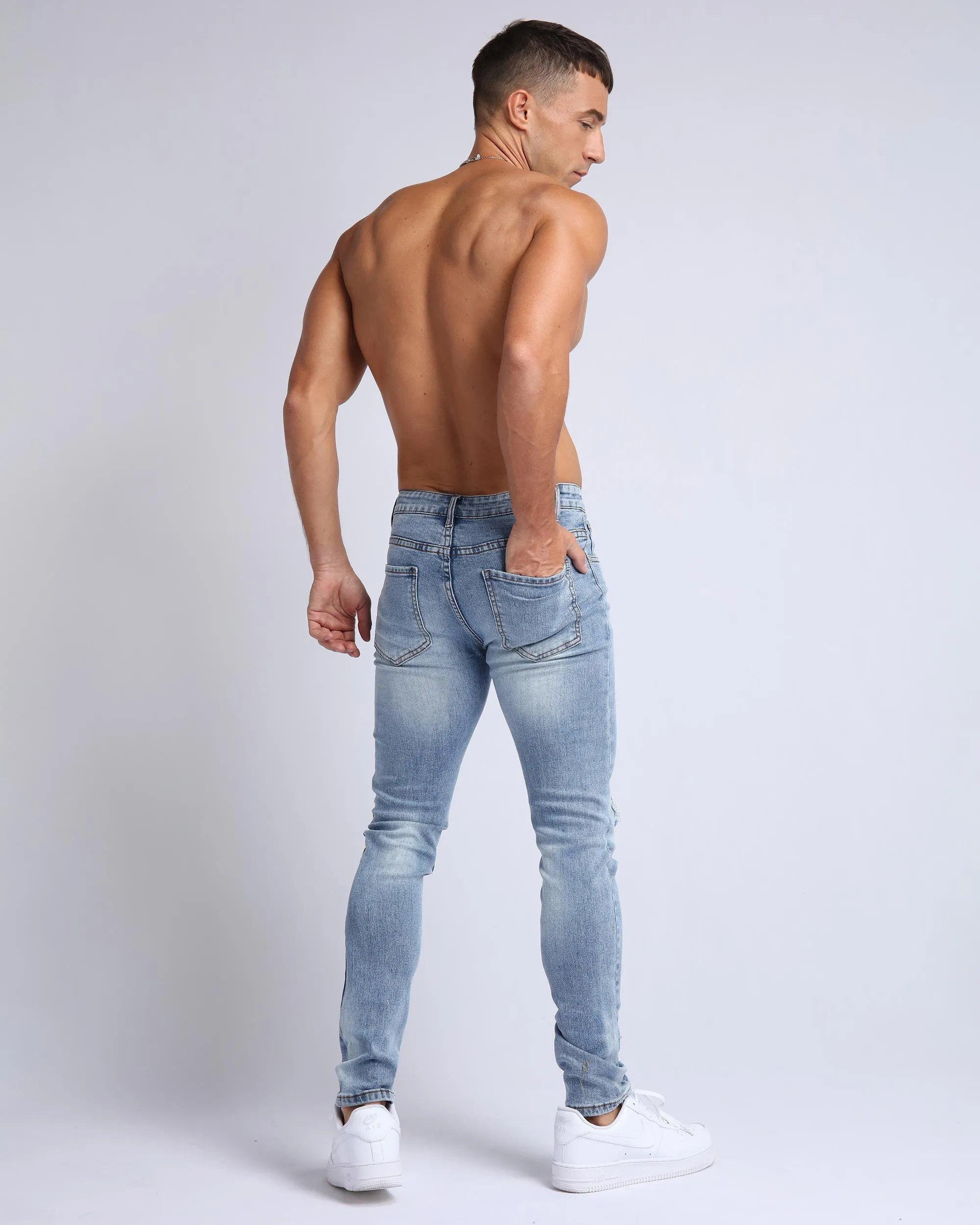 Light Wash Slim Fit Ripped Blue Jeans-Mexico Local Delivery