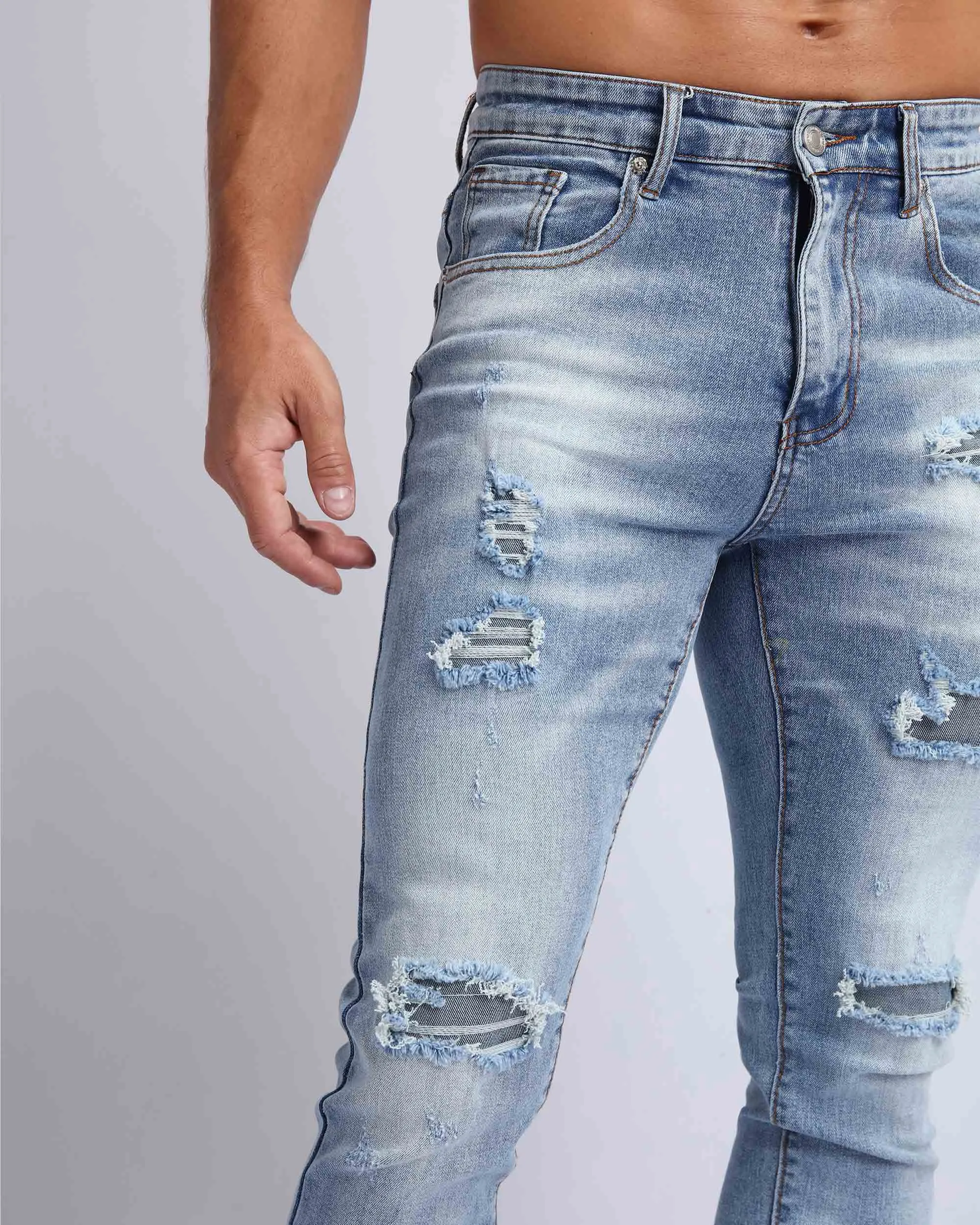 Light Wash Slim Fit Ripped Blue Jeans-Mexico Local Delivery