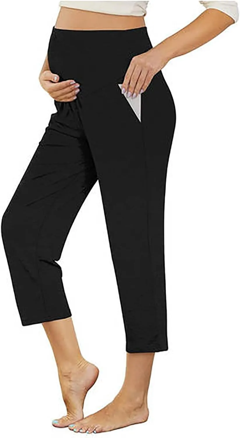 Maternity Capris Leggings for Women High Waist Capri Pants with Pockets Casual Stretchy Comfy Lounge Yoga Leggings