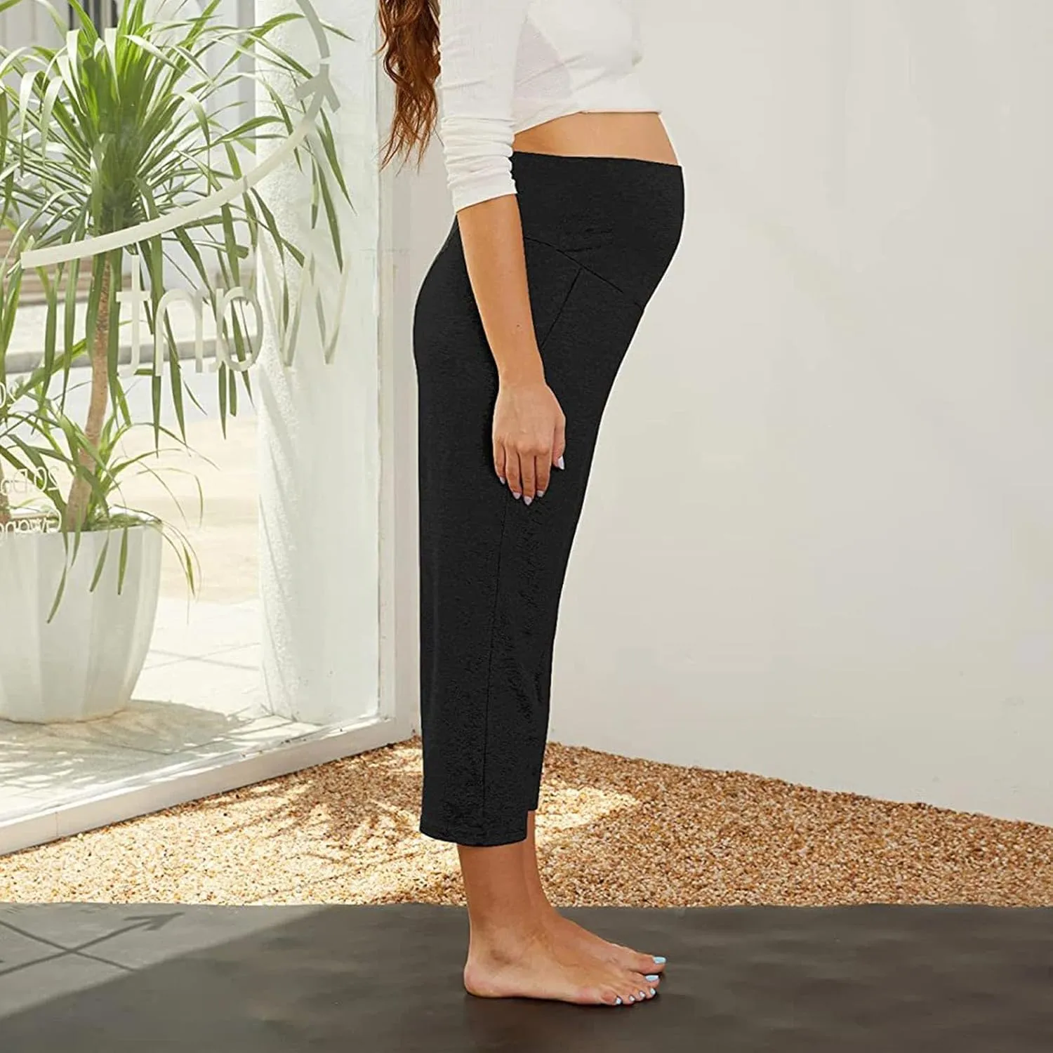 Maternity Capris Leggings for Women High Waist Capri Pants with Pockets Casual Stretchy Comfy Lounge Yoga Leggings