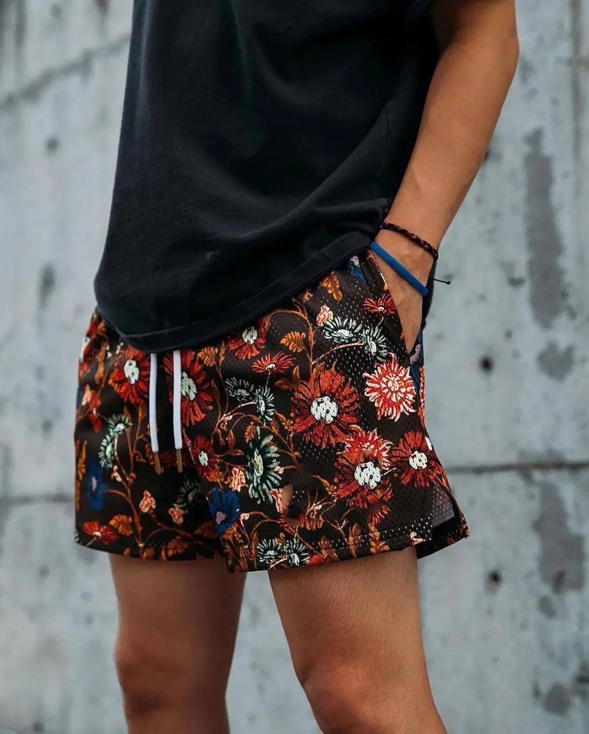 Men's Breathable Athletic Shorts Elastic Waist Quick Dry Gym Workout Shorts Flower Print Fitness Beach Shorts