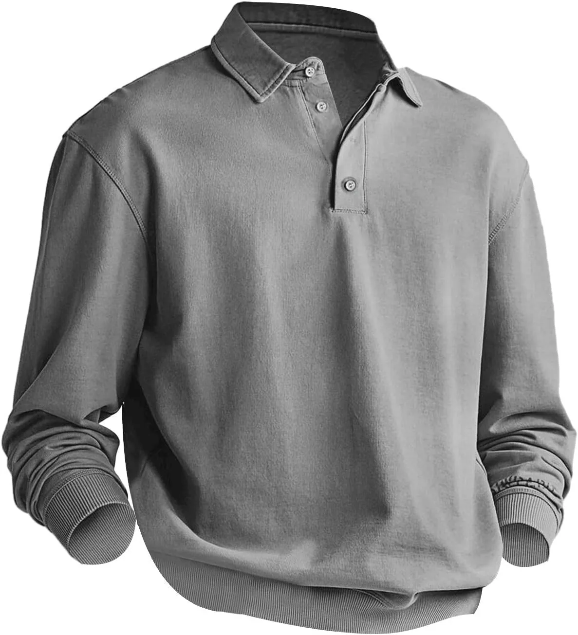 Mens Casual Polo Shirts Vintage Distressed Washed Long Sleeve Button Up Golf Pullover Sweatshirts Retro Streetwear