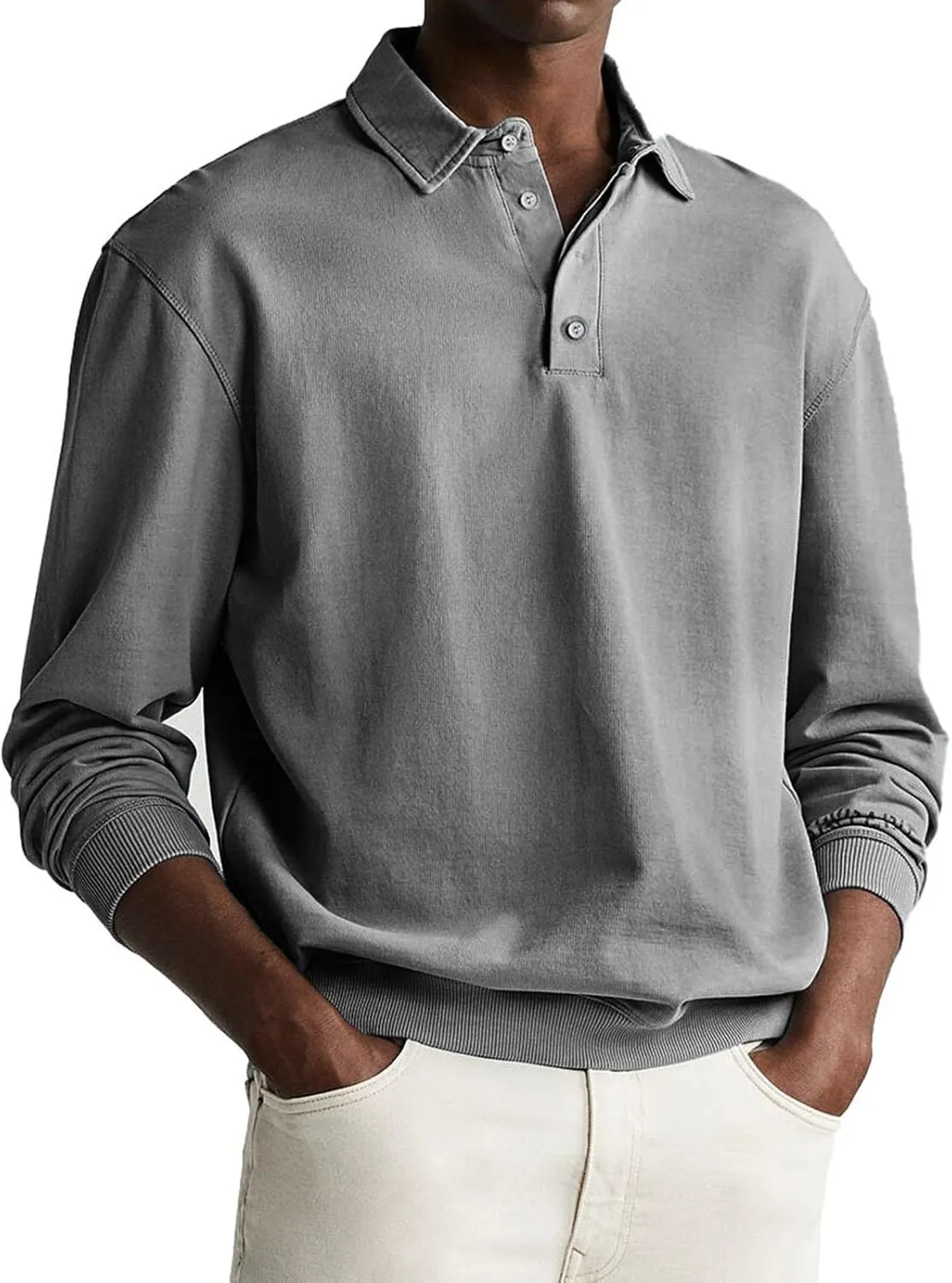 Mens Casual Polo Shirts Vintage Distressed Washed Long Sleeve Button Up Golf Pullover Sweatshirts Retro Streetwear