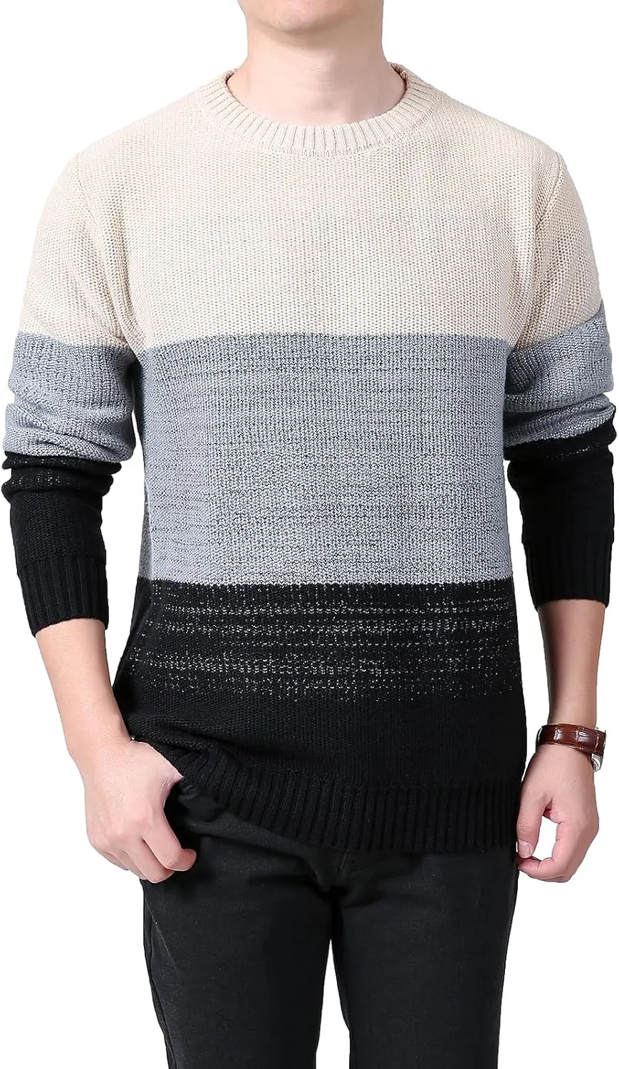 Mens Crewneck Pullover Sweater Striped Color Block Cotton Sweater Thermal Knitted Casual Long Sleeve Sweaters ﻿ ﻿ ﻿ ﻿
