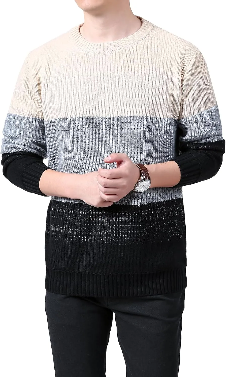 Mens Crewneck Pullover Sweater Striped Color Block Cotton Sweater Thermal Knitted Casual Long Sleeve Sweaters ﻿ ﻿ ﻿ ﻿