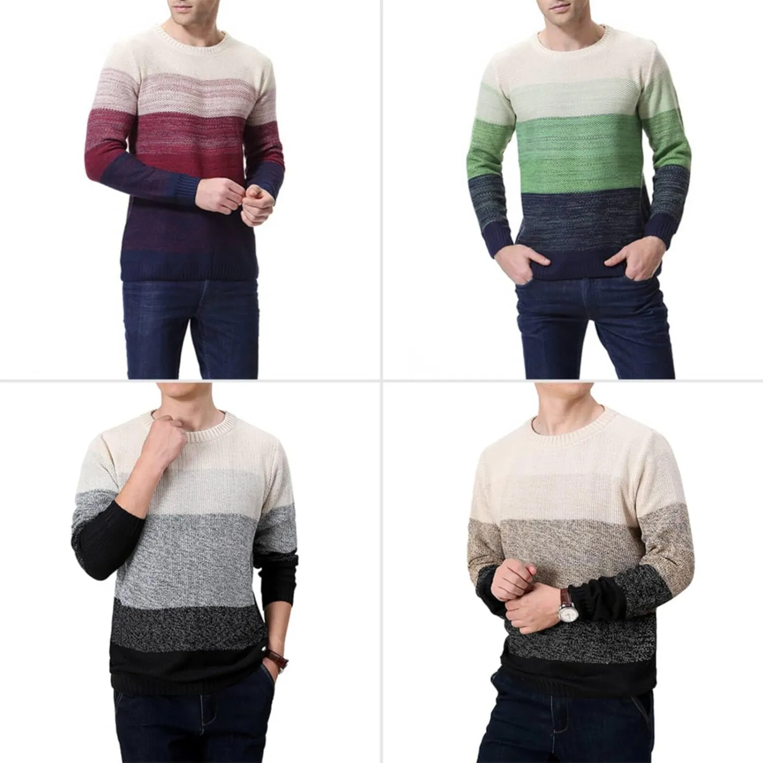 Mens Crewneck Pullover Sweater Striped Color Block Cotton Sweater Thermal Knitted Casual Long Sleeve Sweaters ﻿ ﻿ ﻿ ﻿