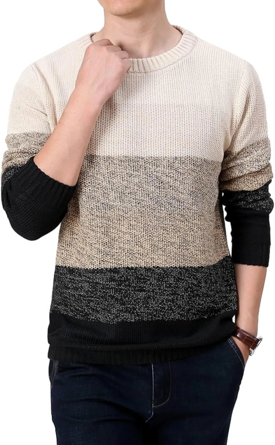 Mens Crewneck Pullover Sweater Striped Color Block Cotton Sweater Thermal Knitted Casual Long Sleeve Sweaters ﻿ ﻿ ﻿ ﻿