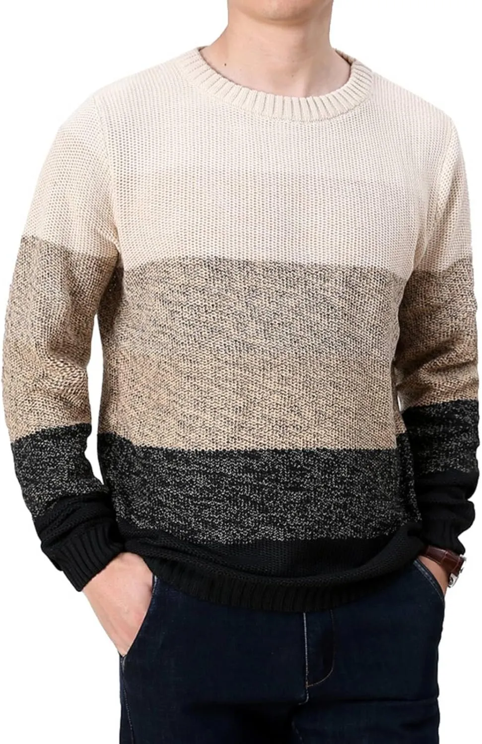 Mens Crewneck Pullover Sweater Striped Color Block Cotton Sweater Thermal Knitted Casual Long Sleeve Sweaters ﻿ ﻿ ﻿ ﻿