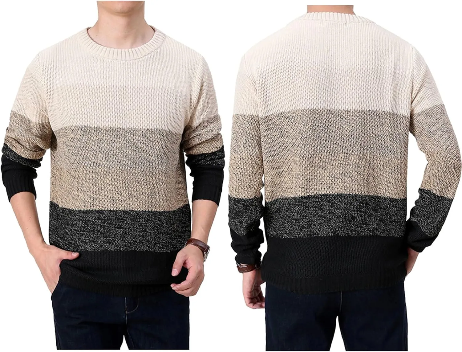 Mens Crewneck Pullover Sweater Striped Color Block Cotton Sweater Thermal Knitted Casual Long Sleeve Sweaters ﻿ ﻿ ﻿ ﻿