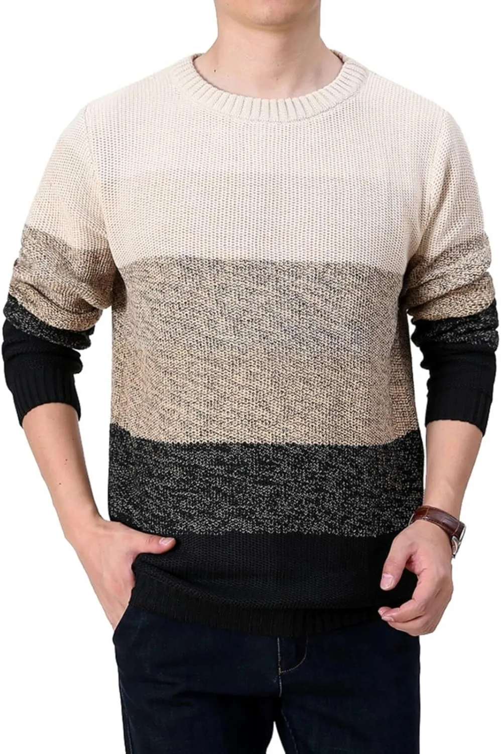 Mens Crewneck Pullover Sweater Striped Color Block Cotton Sweater Thermal Knitted Casual Long Sleeve Sweaters ﻿ ﻿ ﻿ ﻿