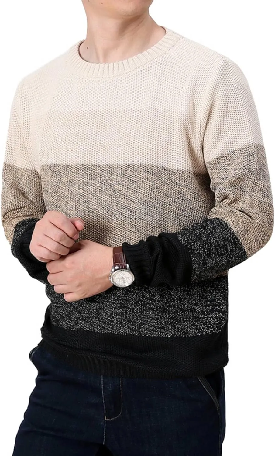 Mens Crewneck Pullover Sweater Striped Color Block Cotton Sweater Thermal Knitted Casual Long Sleeve Sweaters ﻿ ﻿ ﻿ ﻿