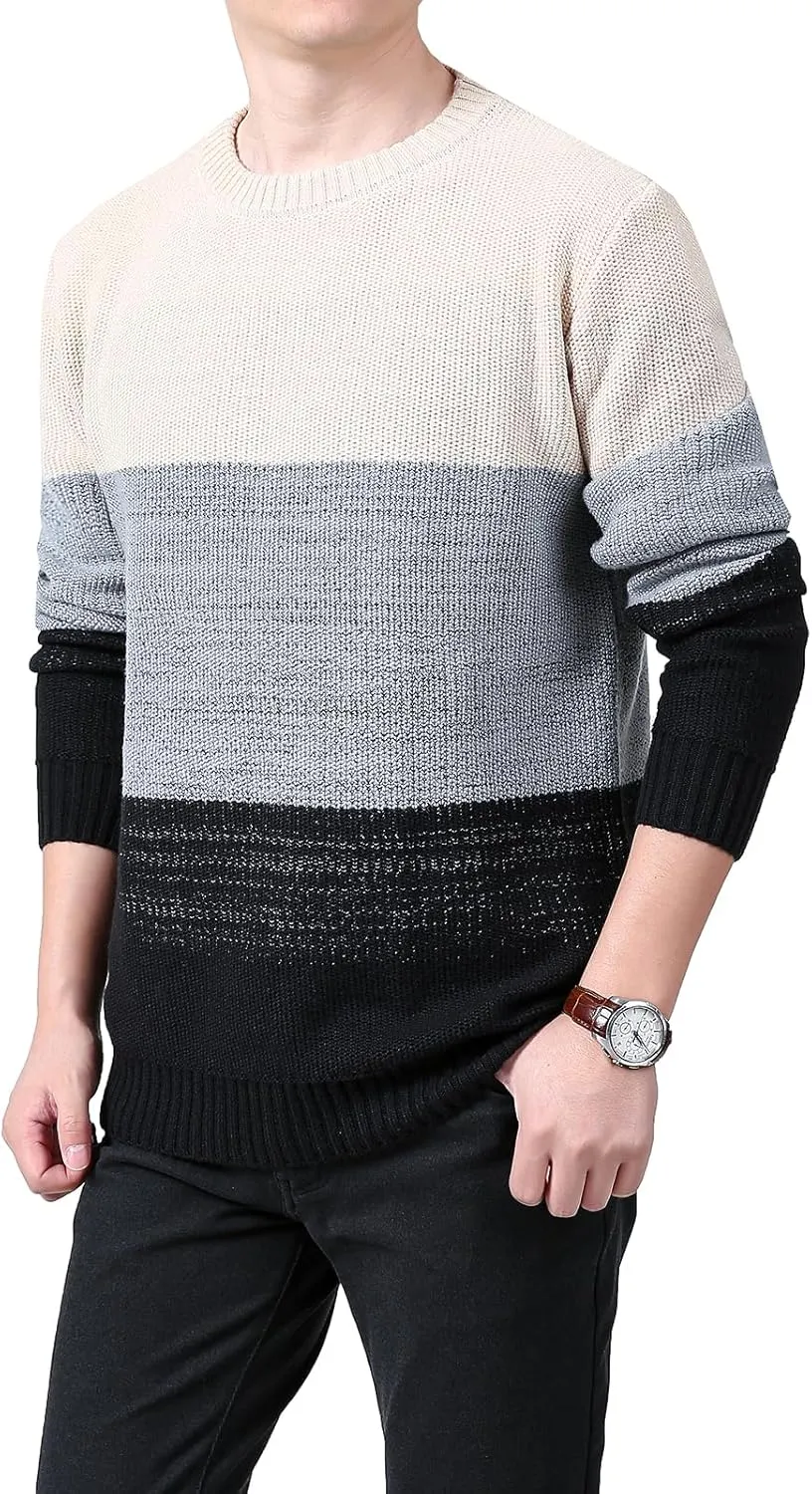Mens Crewneck Pullover Sweater Striped Color Block Cotton Sweater Thermal Knitted Casual Long Sleeve Sweaters ﻿ ﻿ ﻿ ﻿