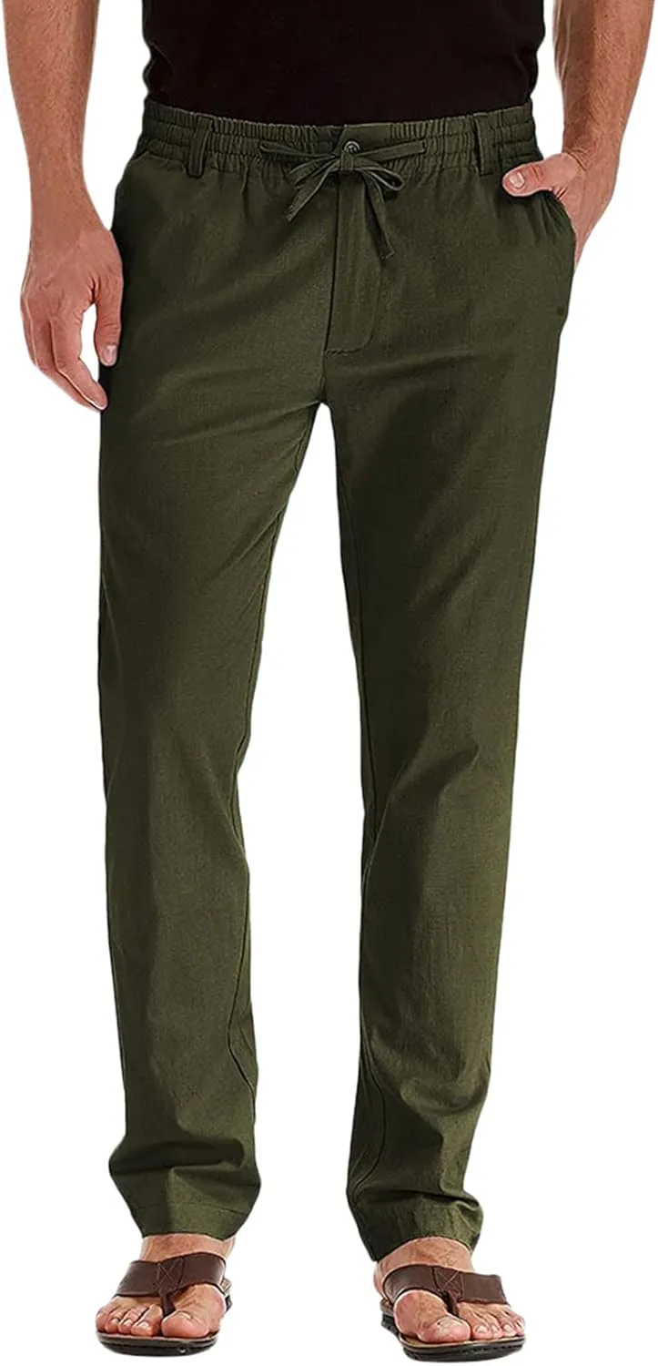 Men's Drawstring Linen Pants Casual Summer Beach Loose Straight Leg Solid Color Trousers