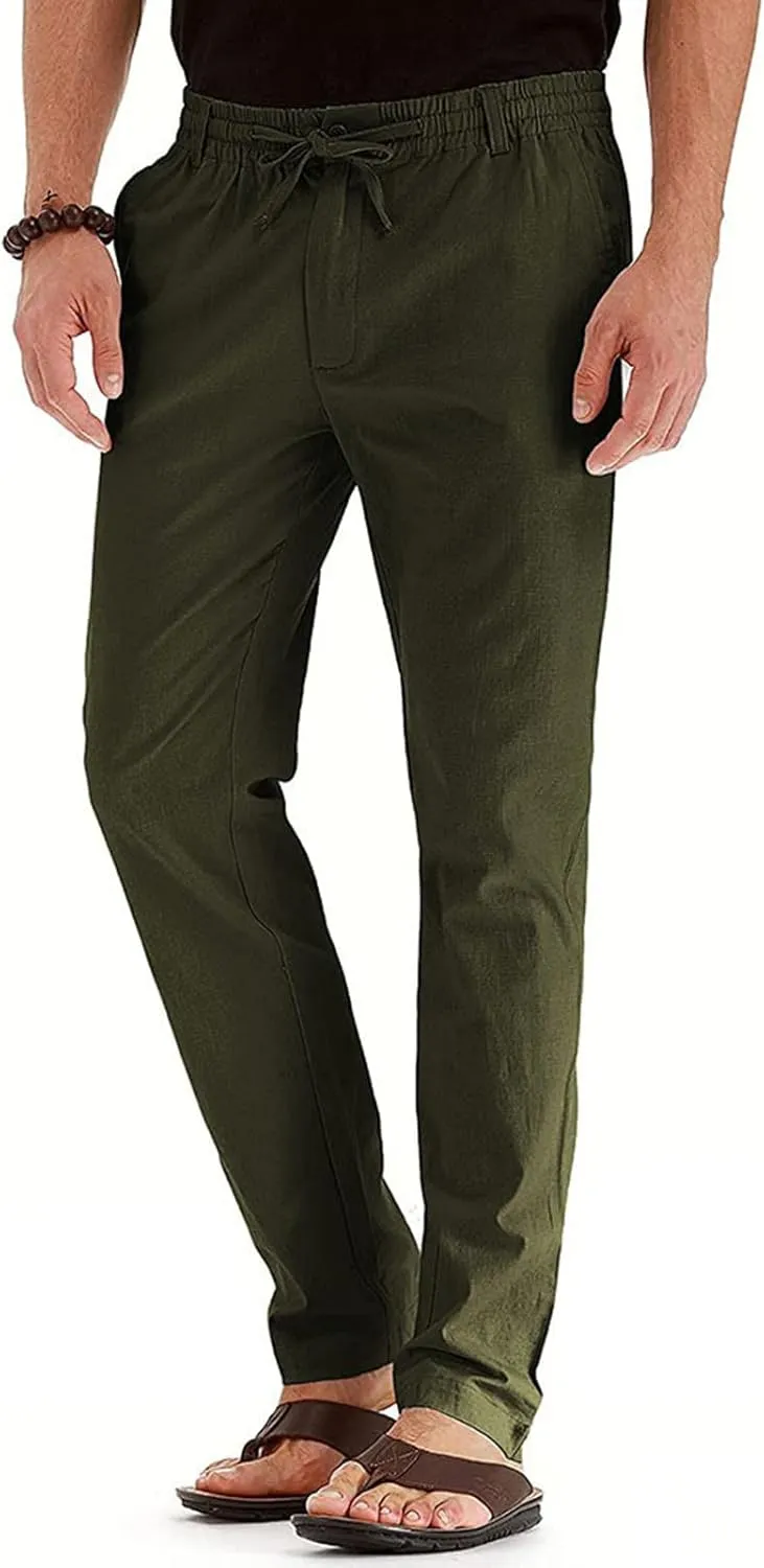 Men's Drawstring Linen Pants Casual Summer Beach Loose Straight Leg Solid Color Trousers
