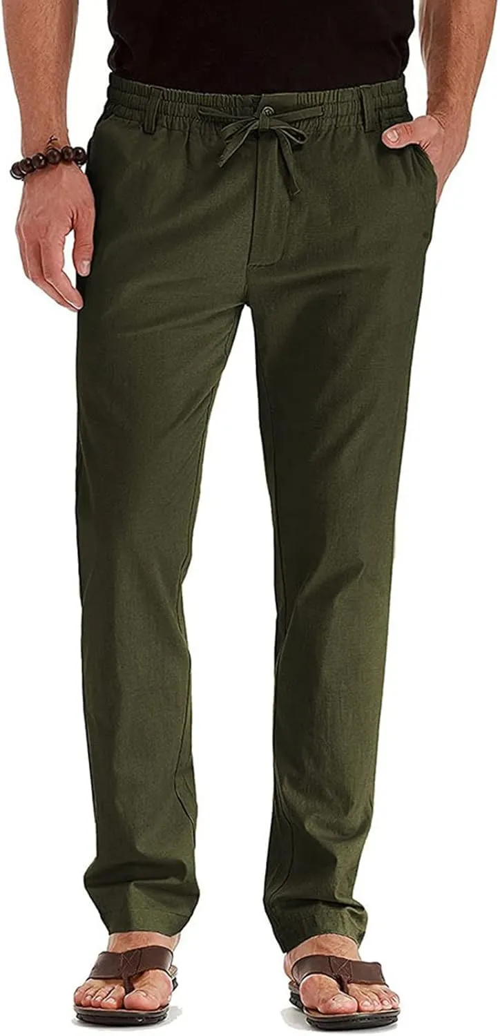 Men's Drawstring Linen Pants Casual Summer Beach Loose Straight Leg Solid Color Trousers