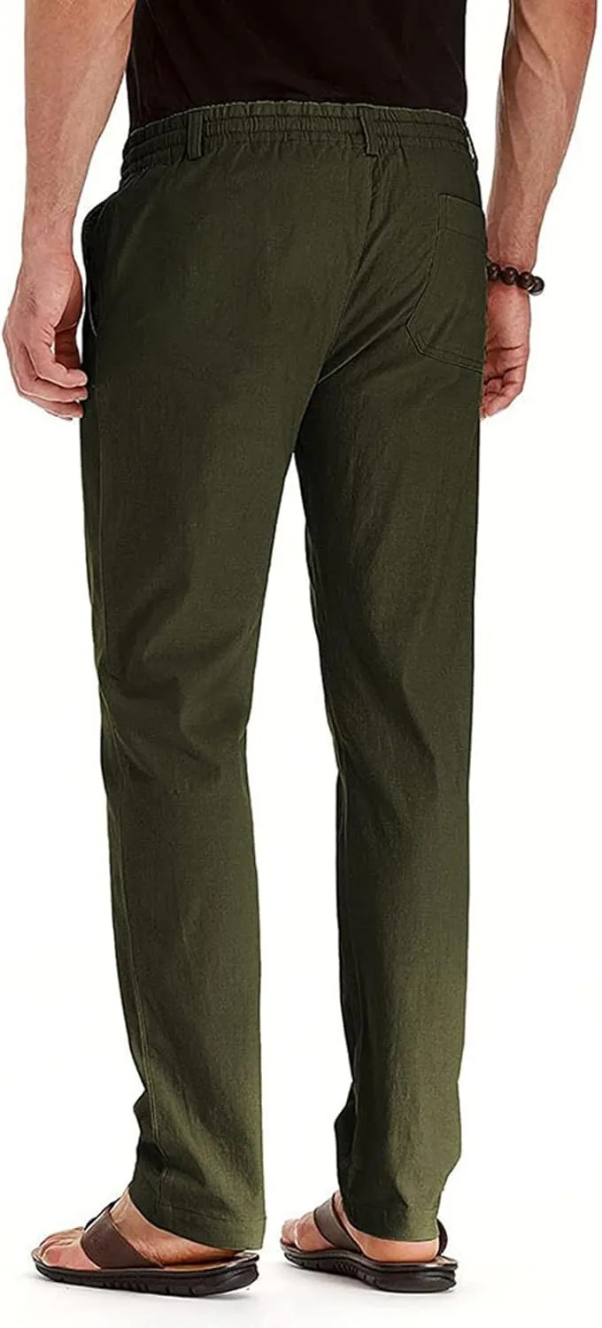 Men's Drawstring Linen Pants Casual Summer Beach Loose Straight Leg Solid Color Trousers