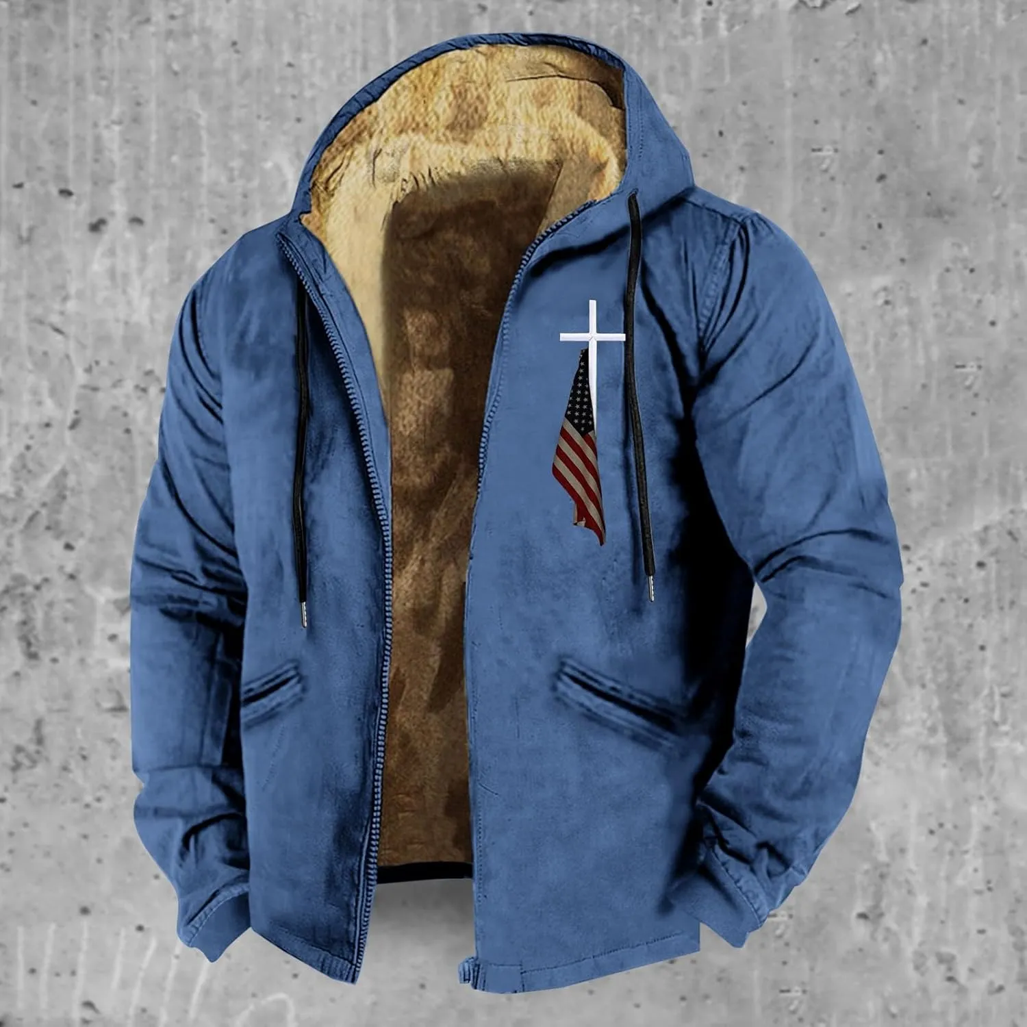 Mens Jacket Winter Color Men's Plush Jacket Collar Solid Long Hooded Men's Windbreaker Single Breasted Winter Coat