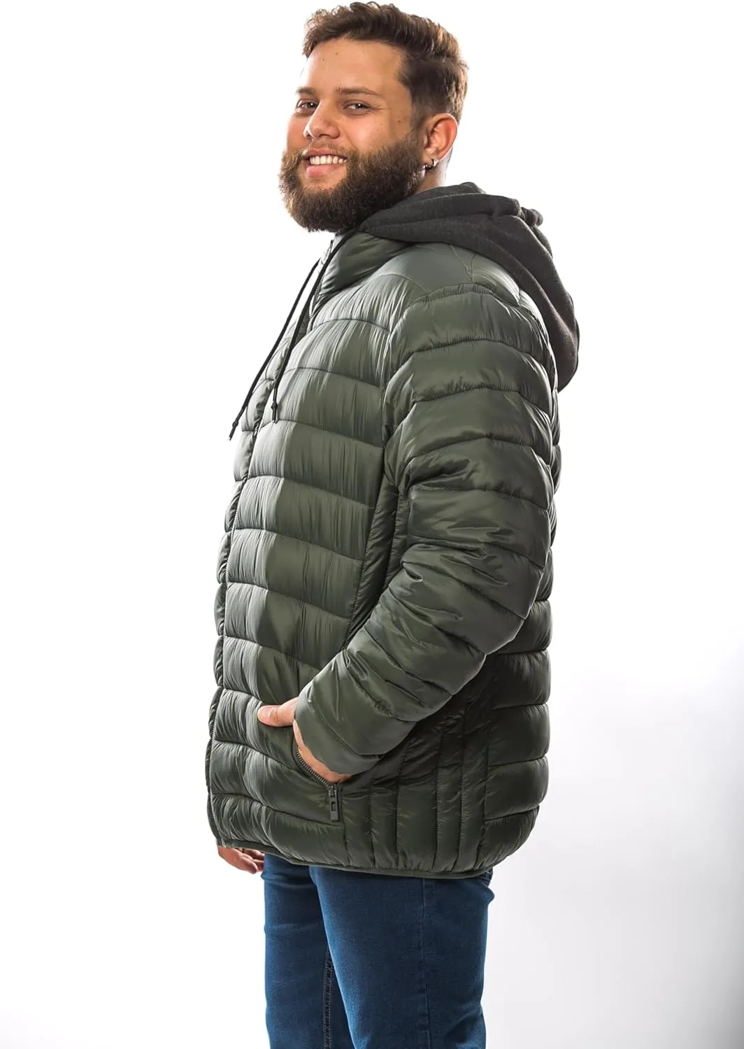 Men's Plus Size Puffer Jacket – Lightweight Hooded Insulated Winter Coat, Windproof, Zipper Down Jacket, Warm & Durable