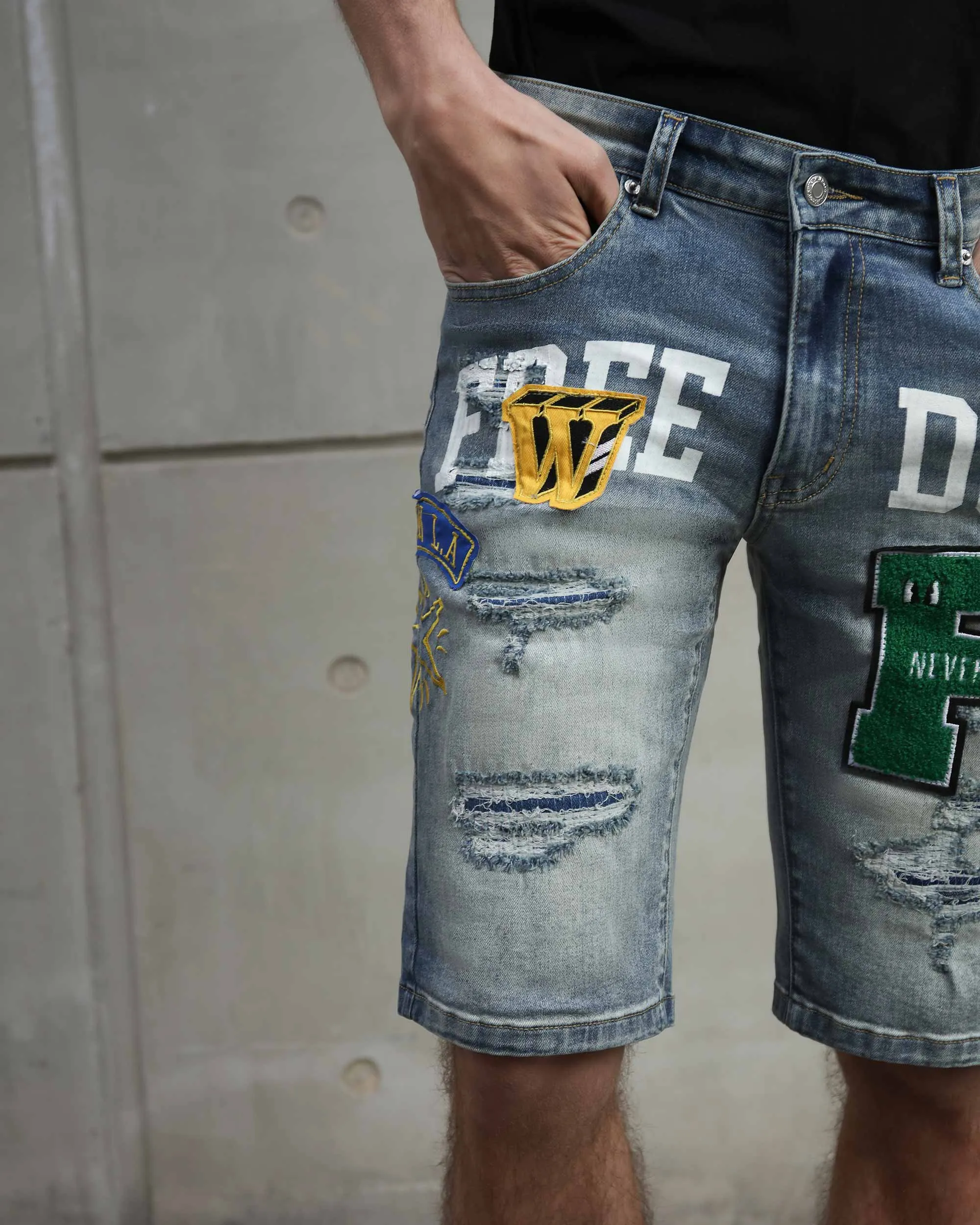 Ripped & Repaired Blue Denim Shorts with Embroidery-Mexico Local Delivery