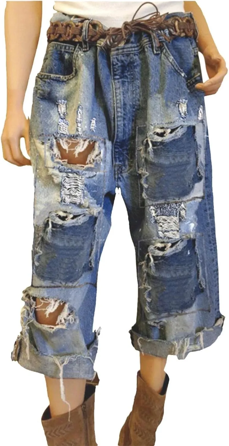 Ripped Jeans Womens Cropped Denim Pants Stretchy Baggy Casual Distressed Frayed Raw Hem Y2k Western Jeans for Women