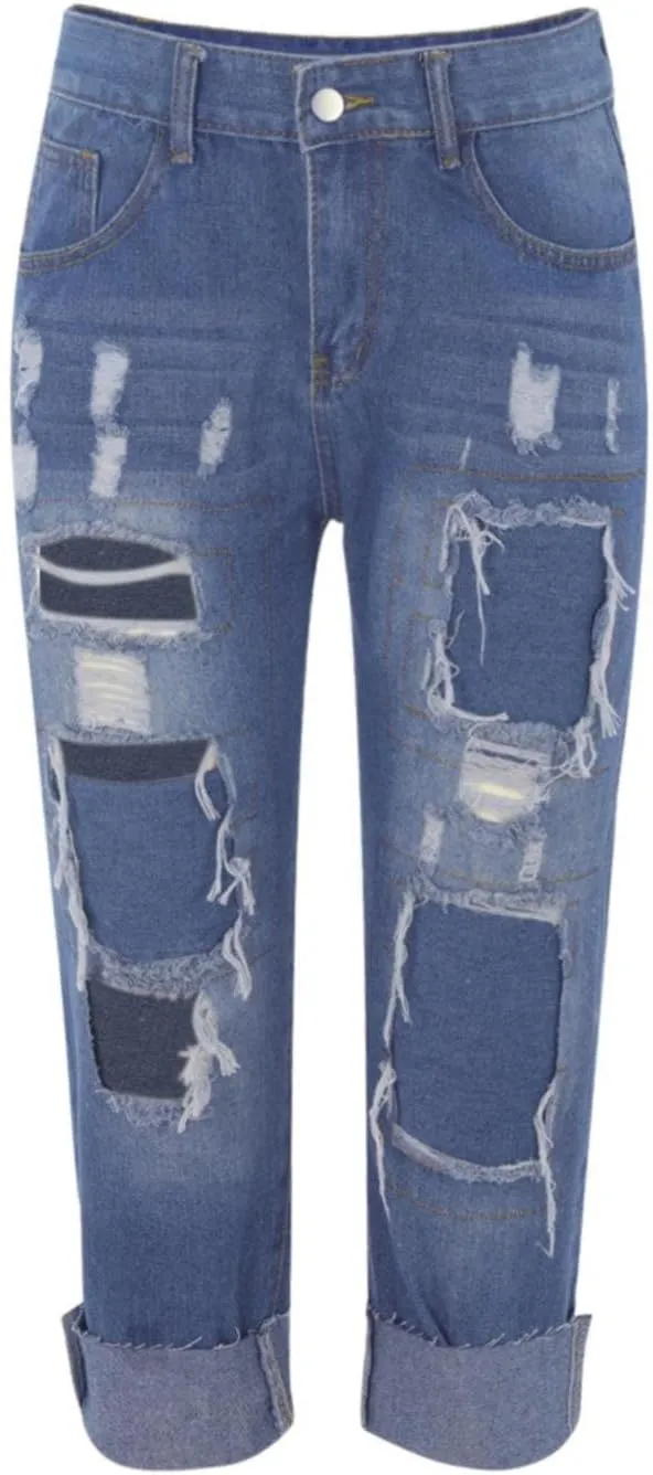 Ripped Jeans Womens Cropped Denim Pants Stretchy Baggy Casual Distressed Frayed Raw Hem Y2k Western Jeans for Women