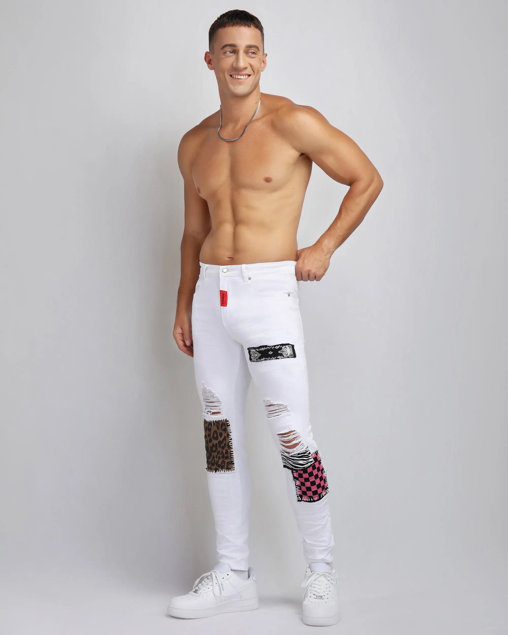 Ripped White Jeans with Leopard-Print & Pink Check Patches