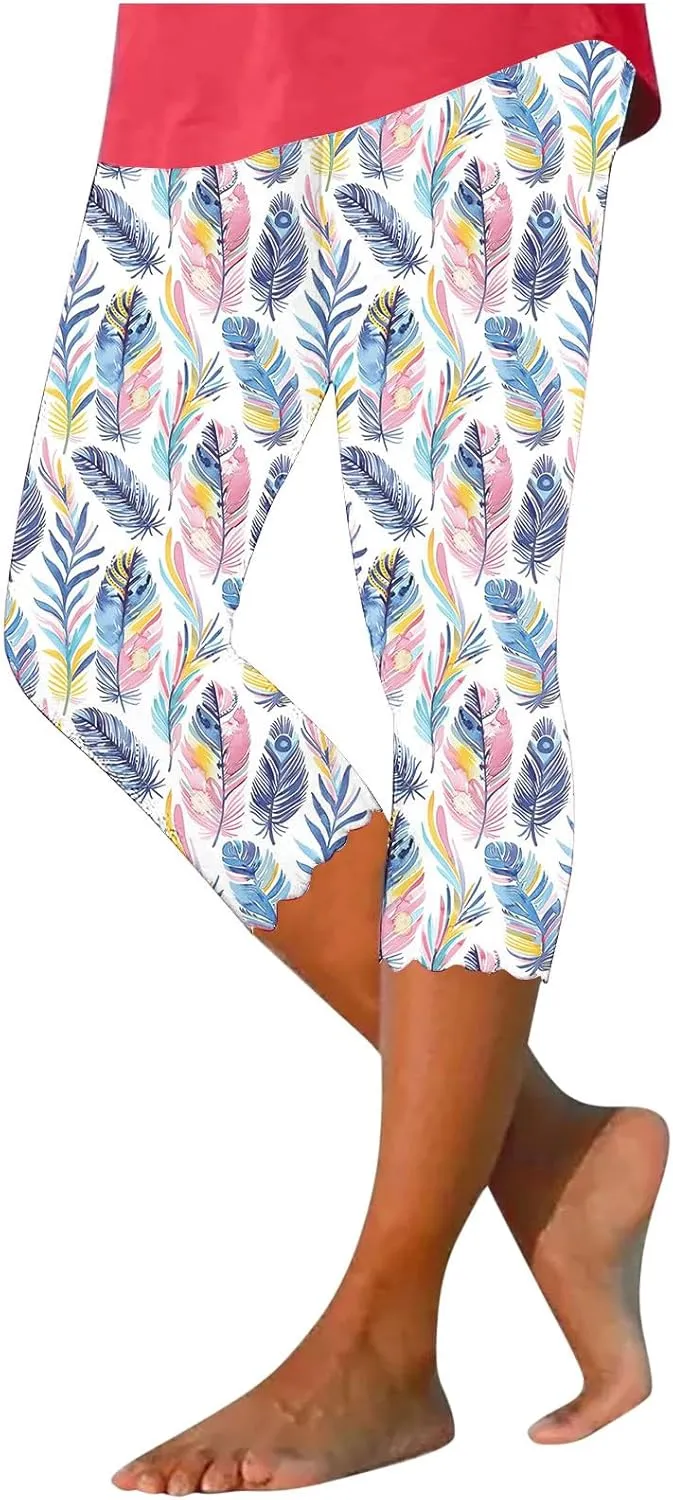 SHOPESSA Capri Leggings for Women Dressy High Waist Yoga Pants Printed Summer Capris Workout Stretchy Crop Leggings