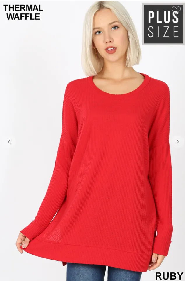 Side-Slit Round Neck Brushed Thermal Waffle Sweater - 4 Colors