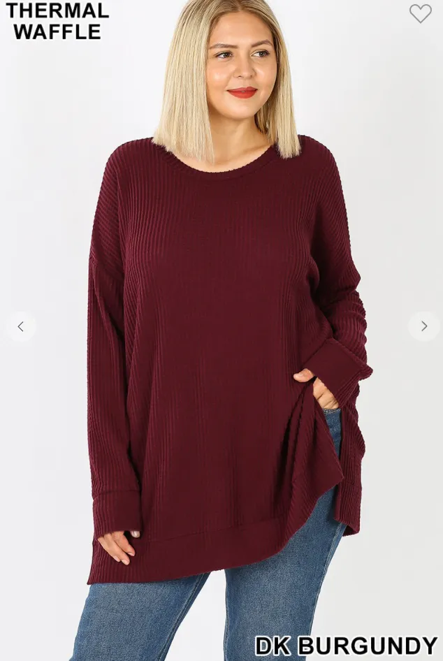 Side-Slit Round Neck Brushed Thermal Waffle Sweater - 4 Colors