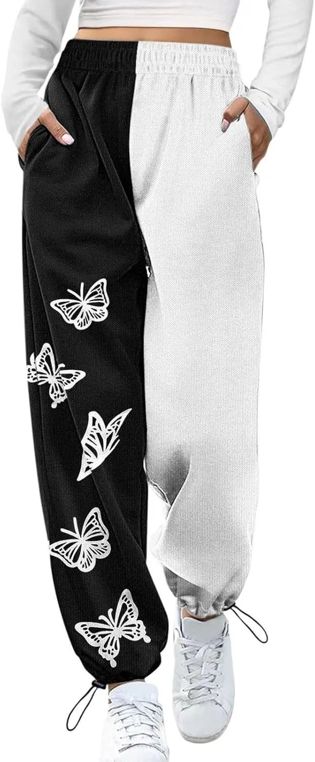 Sweatpants for Women High Waist Wide Leg Pants Color Block Joggers Pant Elastic Waist Baggy Trousers Lounge Joggers
