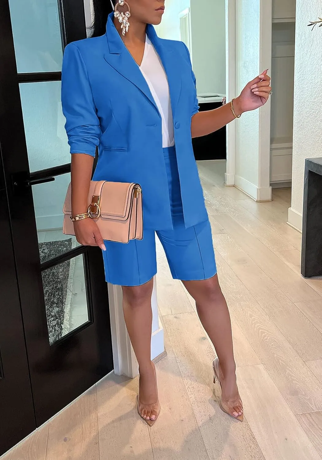 Tcremisa Women's 2025 Fashion Blazer Shorts Set Long Sleeve Office Suit Sets Casual 2 Piece Business Outfits