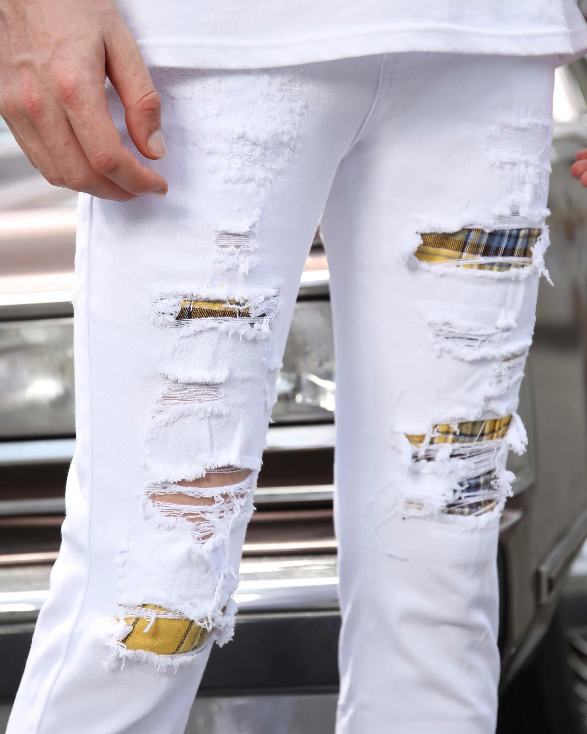 White Ripped Jeans with Yellow & Black Plaid Patches