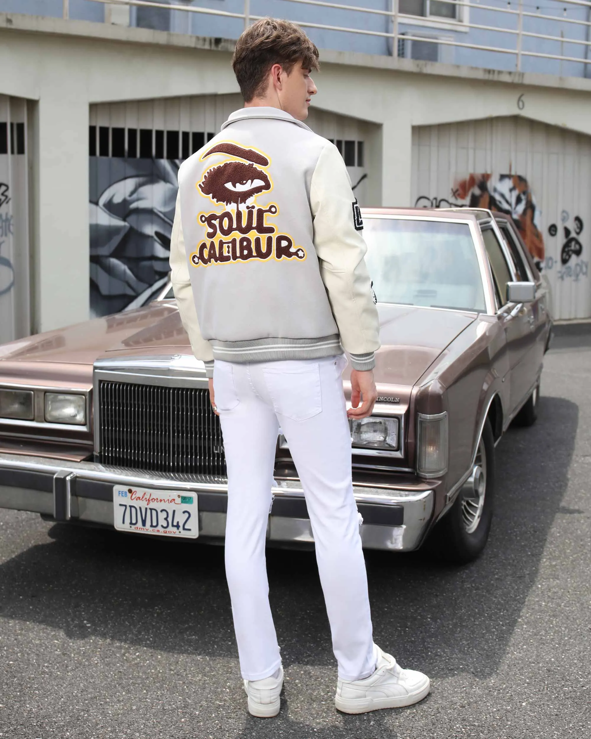 White Ripped Jeans with Yellow & Black Plaid Patches