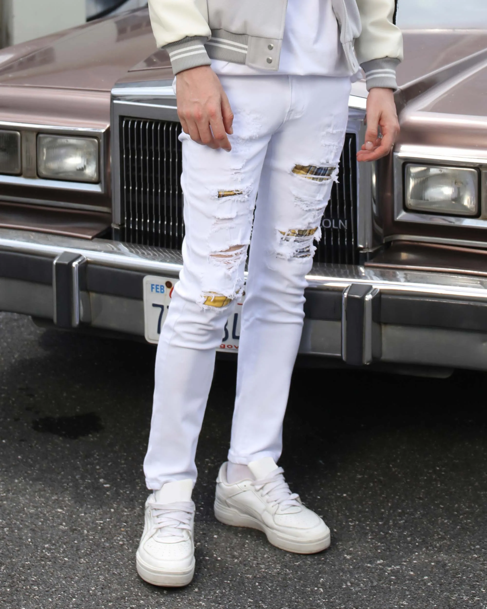White Ripped Jeans with Yellow & Black Plaid Patches