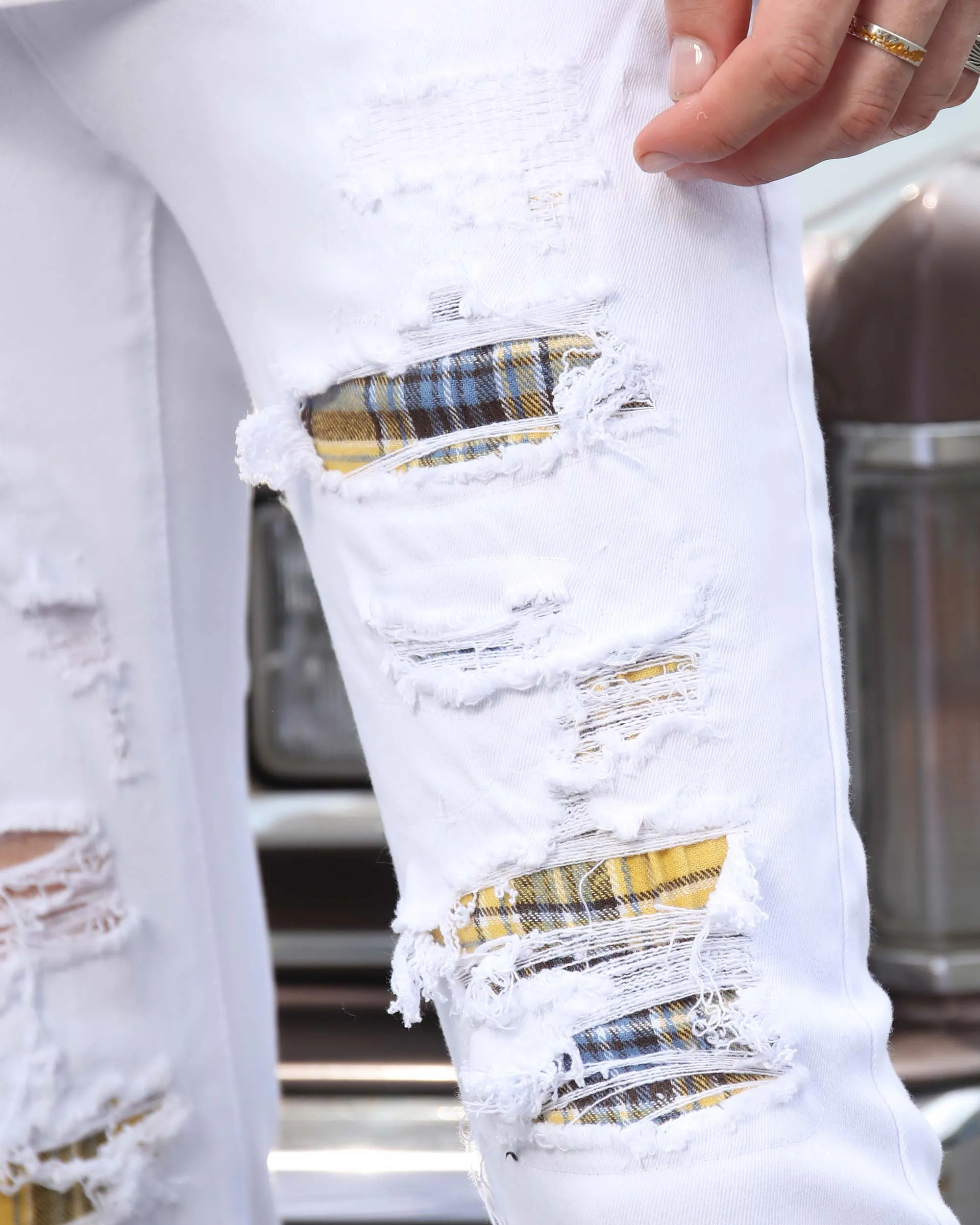 White Ripped Jeans with Yellow & Black Plaid Patches