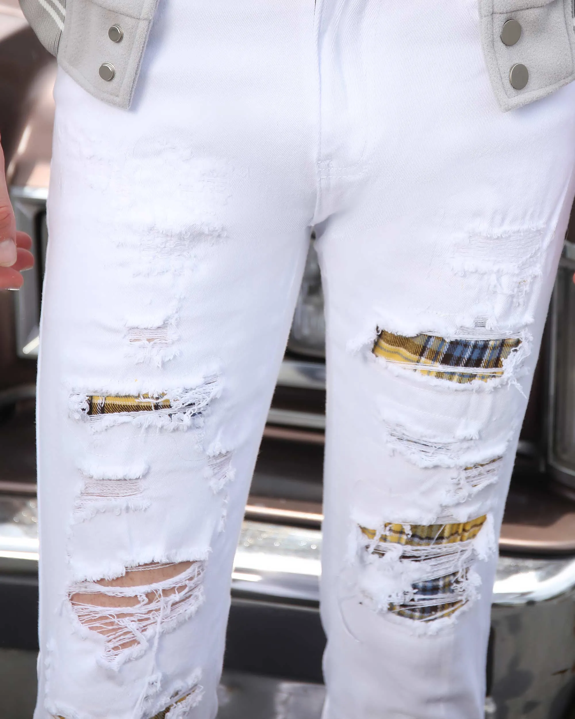 White Ripped Jeans with Yellow & Black Plaid Patches