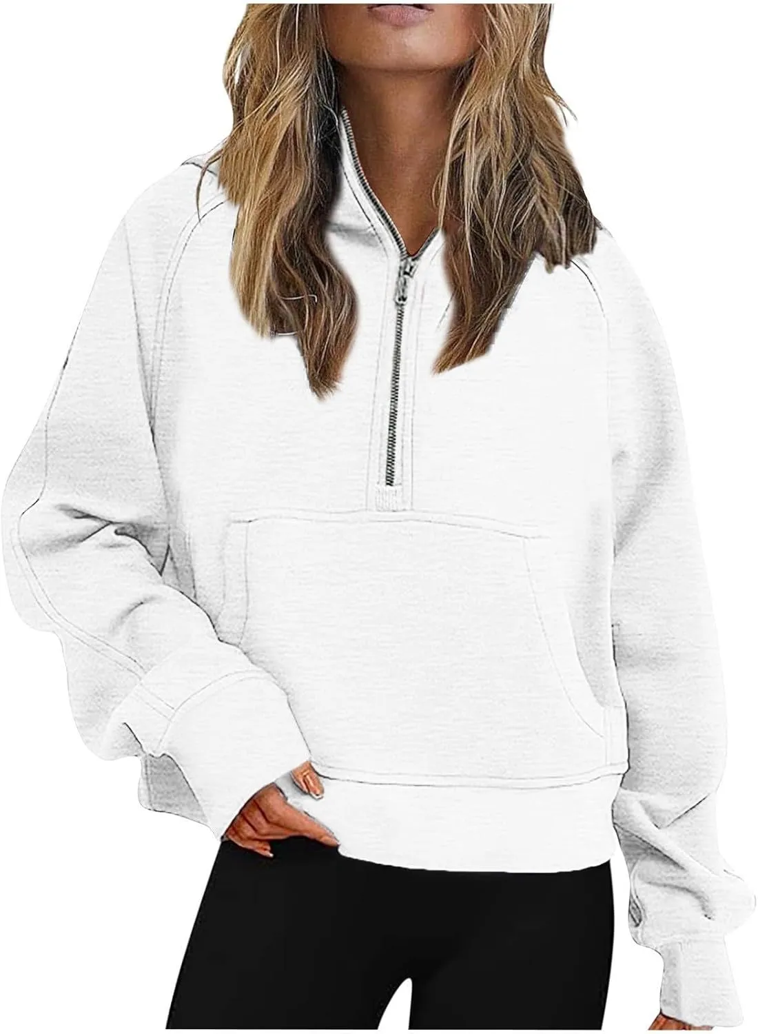 Women Half Zip Hoodies Pullover Long Sleeve Solid Corded Sweatshirt Oversized Casual Trendy Fall Outfit with Kangaroo Pocket