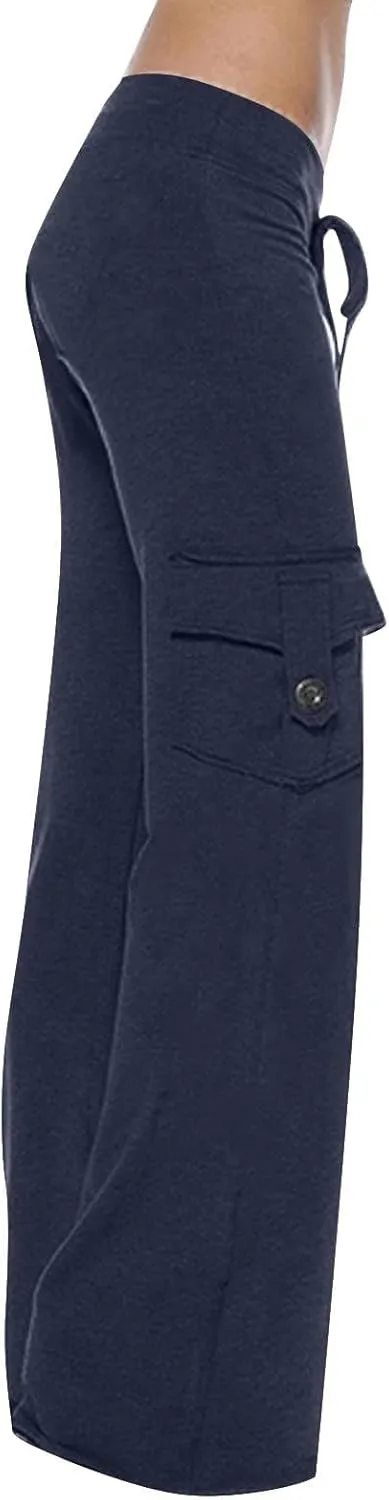 Women Yoga Pants High Waist Cargo Wide Leg Pants Stretch Tummy Control Butt Lifting Pant Drawstring Straight Leg Trouser