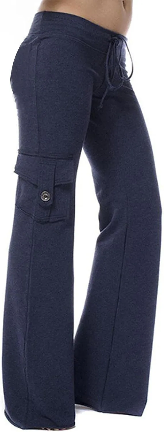 Women Yoga Pants High Waist Cargo Wide Leg Pants Stretch Tummy Control Butt Lifting Pant Drawstring Straight Leg Trouser