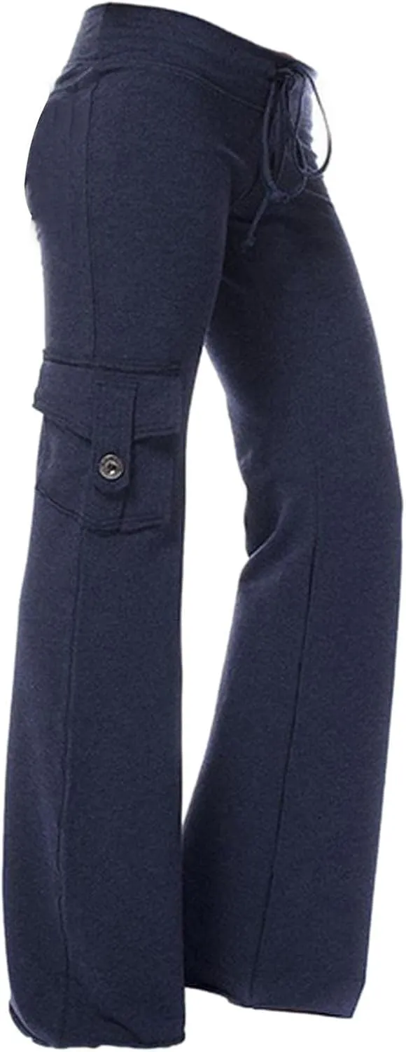 Women Yoga Pants High Waist Cargo Wide Leg Pants Stretch Tummy Control Butt Lifting Pant Drawstring Straight Leg Trouser