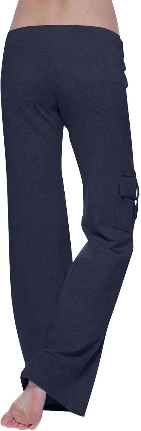 Women Yoga Pants High Waist Cargo Wide Leg Pants Stretch Tummy Control Butt Lifting Pant Drawstring Straight Leg Trouser