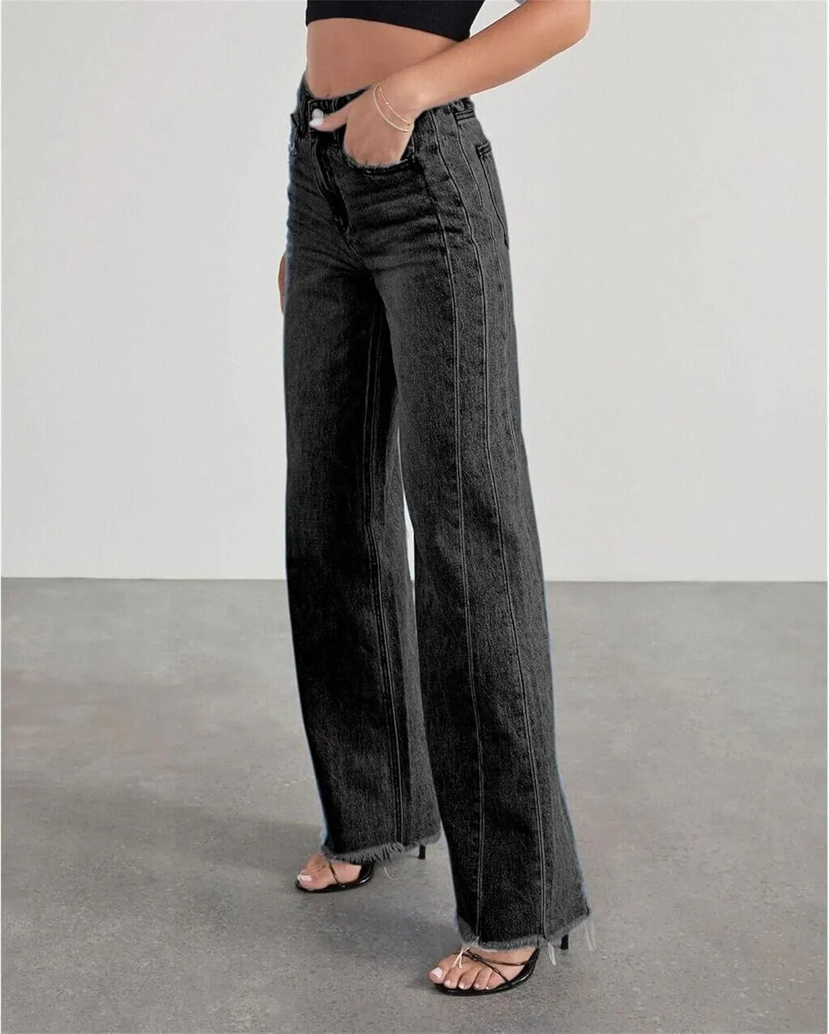 Women's Fashion Straight High Waist Jeans Business Stretch Loose Pants Casual Curve Jeans Solid Color Wide Leg Pants